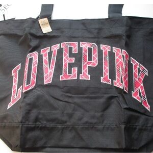 PINK Victoria's Secret Black Tote with Pink Plaid Lettering